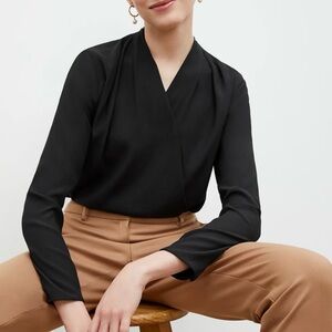 NWT MM Lafleur Antoinette Soft Wave, Black Wrap Blouse, Long Sleeve, Office, XS